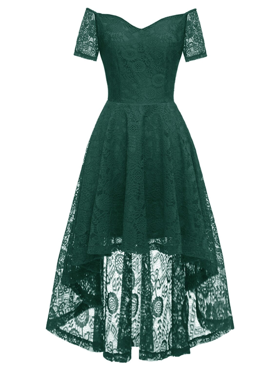 A-Line Cocktail Dresses Vintage Dress Graduation Party Wear Knee Length Short Sleeve Off Shoulder Lace with Pleats