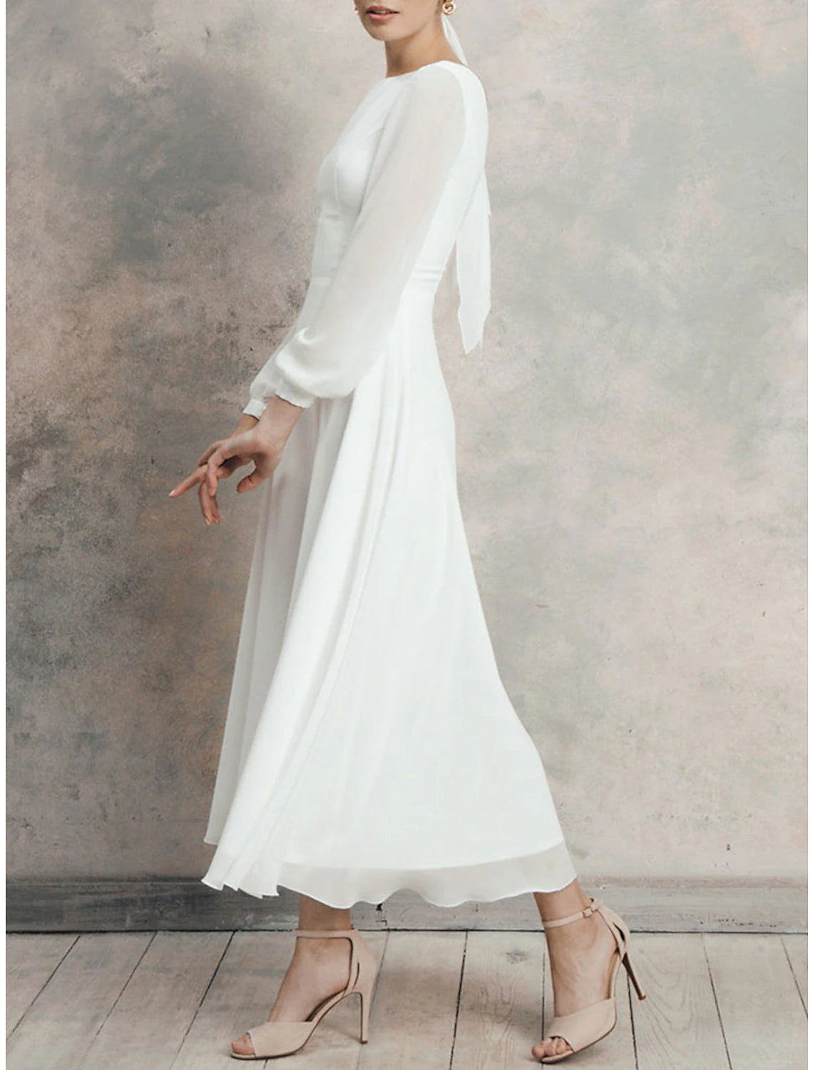 A-Line Cocktail Dresses Little White Dresses Dress Wedding Reception Tea Length Long Sleeve Jewel Neck Fall Wedding Guest Cotton V Back with Ruffles Pure Color