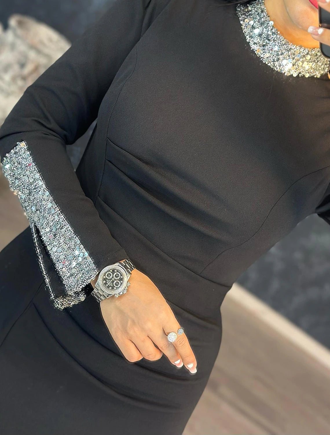 Mermaid Black Dress Plus Size Evening Gown Glittering Dress Formal Wedding Guest Floor Length Long Sleeve High Neck Stretch Fabric with Sequin