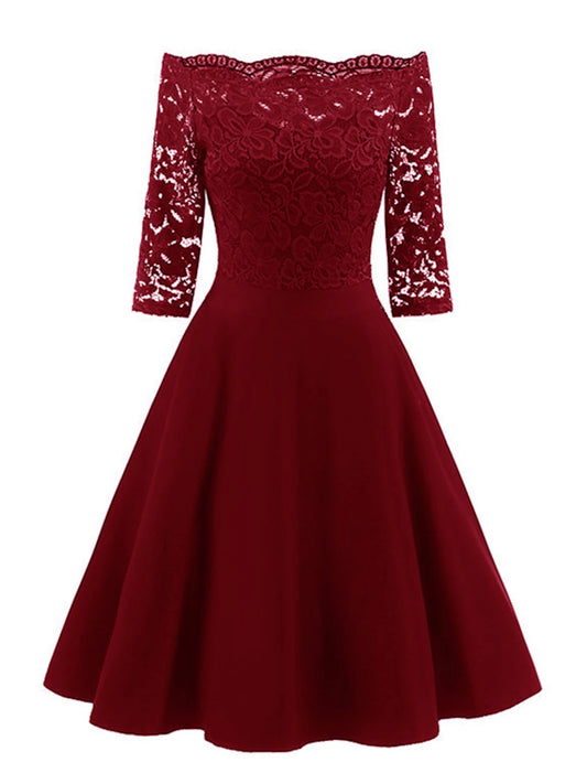 A-Line Cocktail Dresses Vintage Dress Graduation Party Wear Knee Length 3/4 Length Sleeve Off Shoulder Lace with Lace