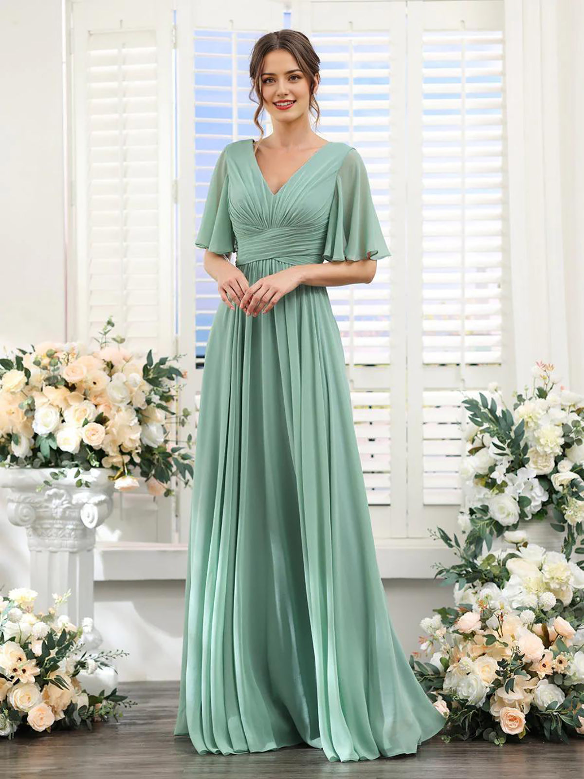 DingJiDress A-Line Bridesmaid Dress V-Neck Sleeve for Wedding Guest Long Formal Party Dresses with Slit