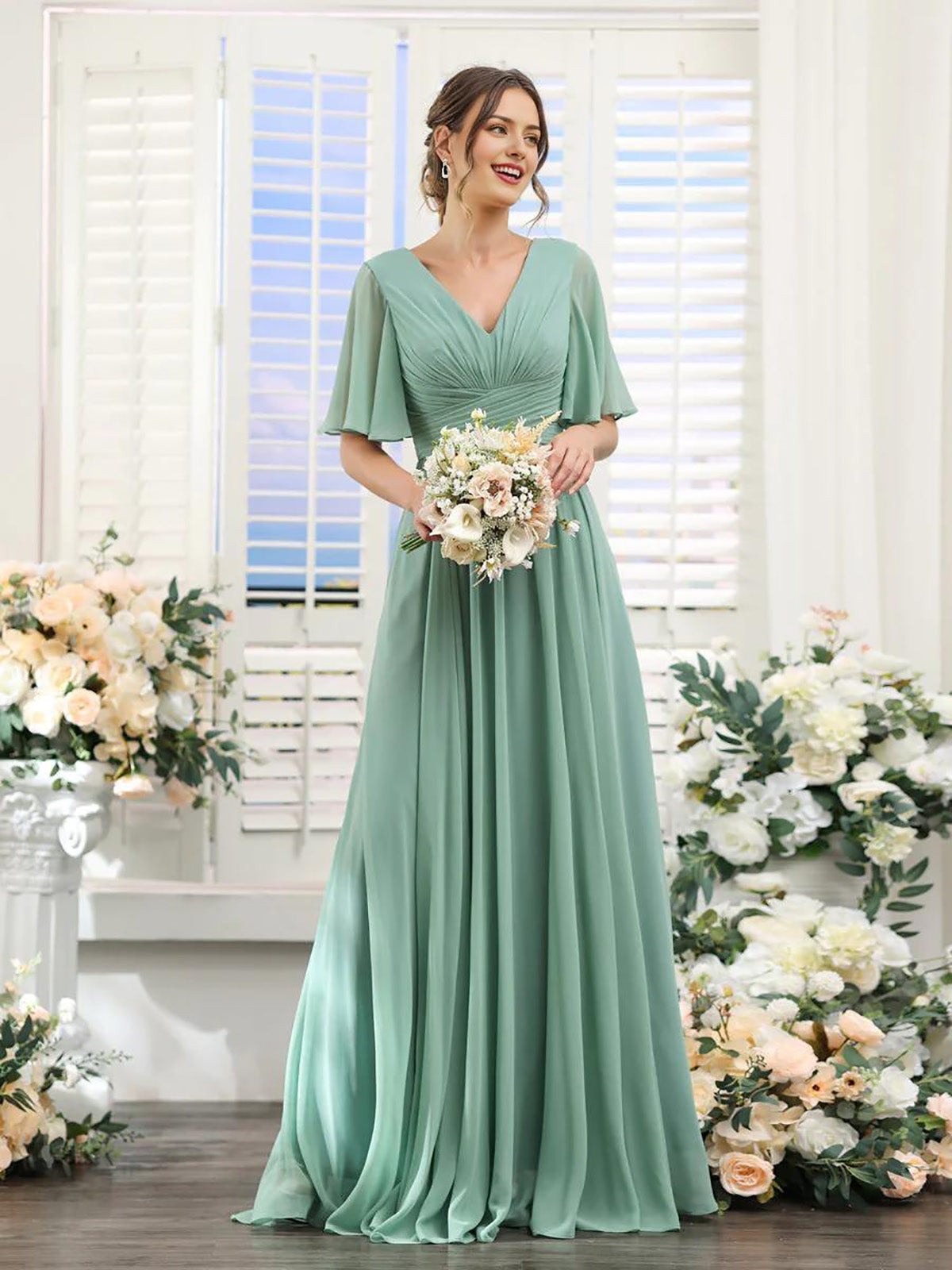 DingJiDress A-Line Bridesmaid Dress V-Neck Sleeve for Wedding Guest Long Formal Party Dresses with Slit