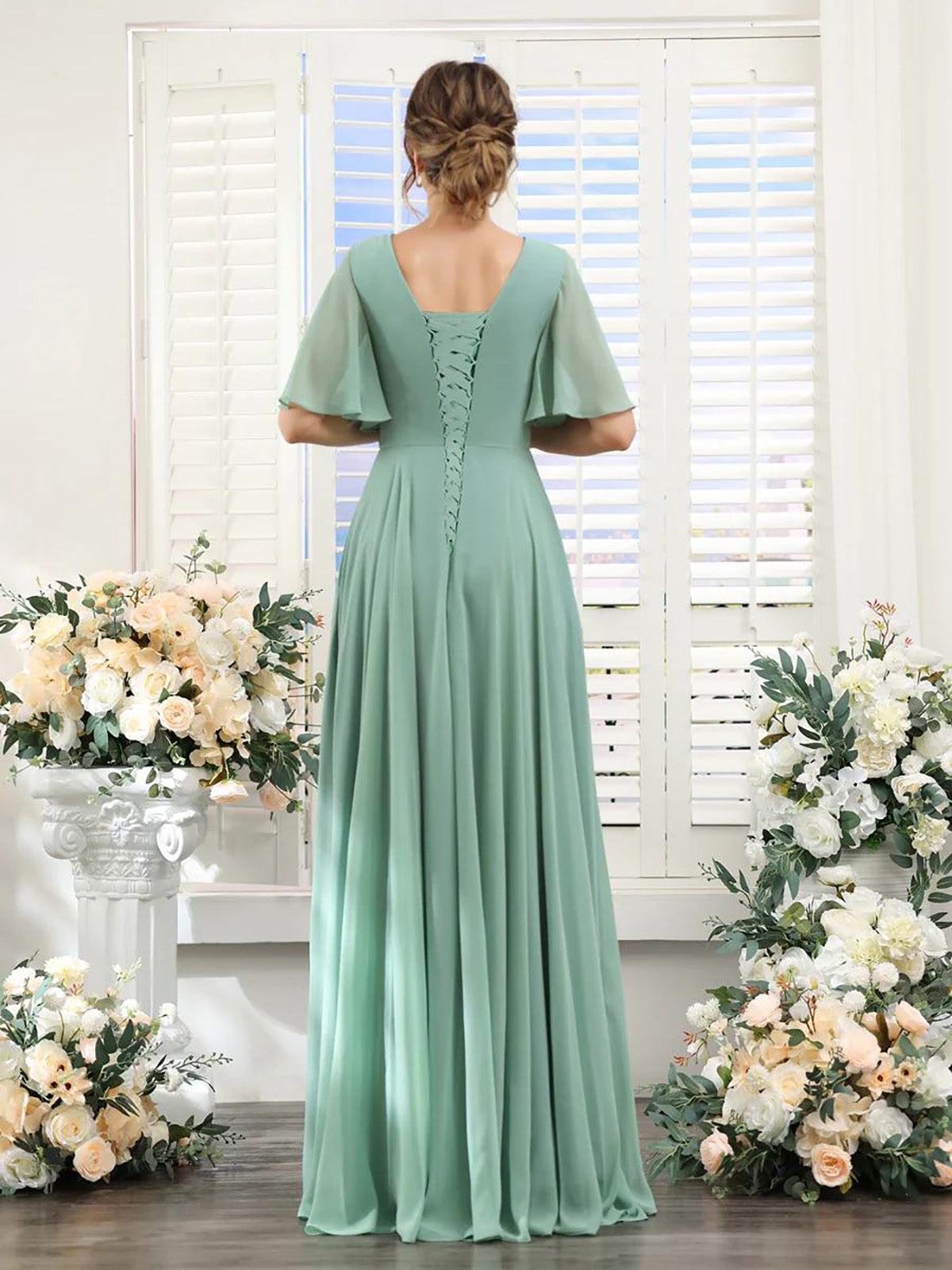 DingJiDress A-Line Bridesmaid Dress V-Neck Sleeve for Wedding Guest Long Formal Party Dresses with Slit