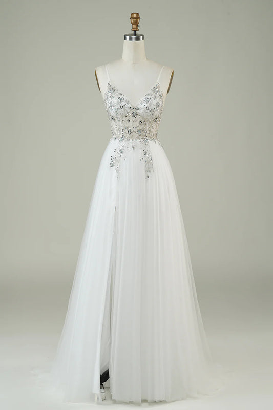 DingJiDress Gorgeous A Line Spaghetti Straps White Tulle Long Wedding Dress with Beading