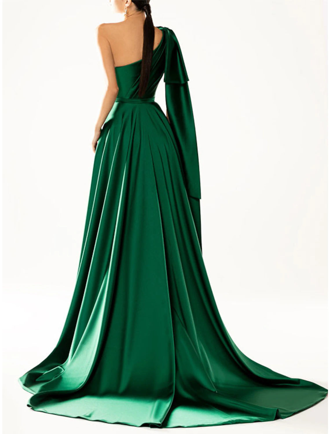 A-Line Evening Gown Elegant Dress Party Wear Wedding Guest Court Train Sleeveless One Shoulder Nylon with Bow(s)