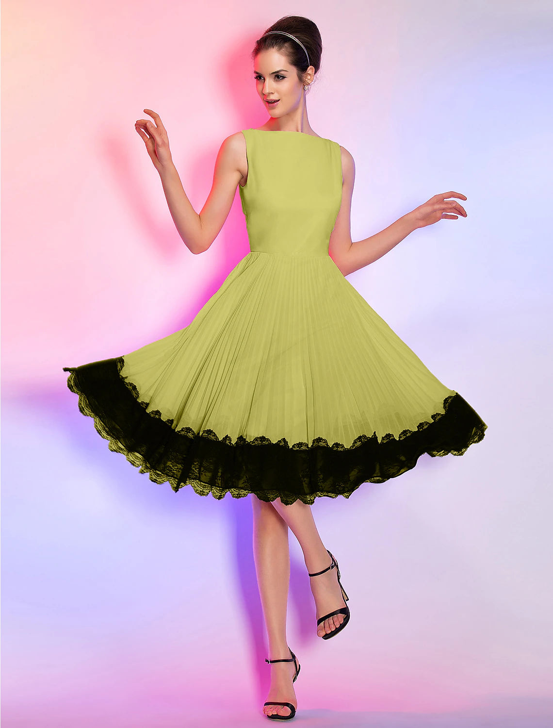 A-Line Vintage Dress Homecoming Graduation Knee Length Sleeveless Boat Neck Pink Dress Chiffon with Lace