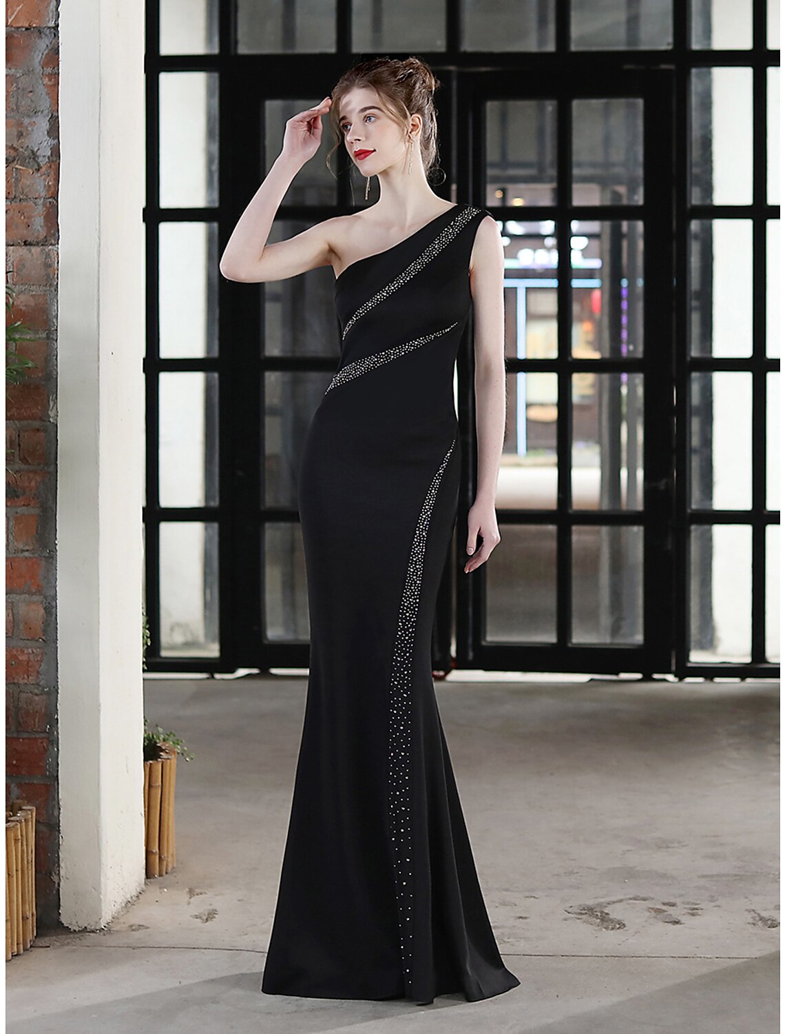Evening Gown Sexy Dress Wedding Guest Floor Length Sleeveless One Shoulder Stretch Satin with Crystals