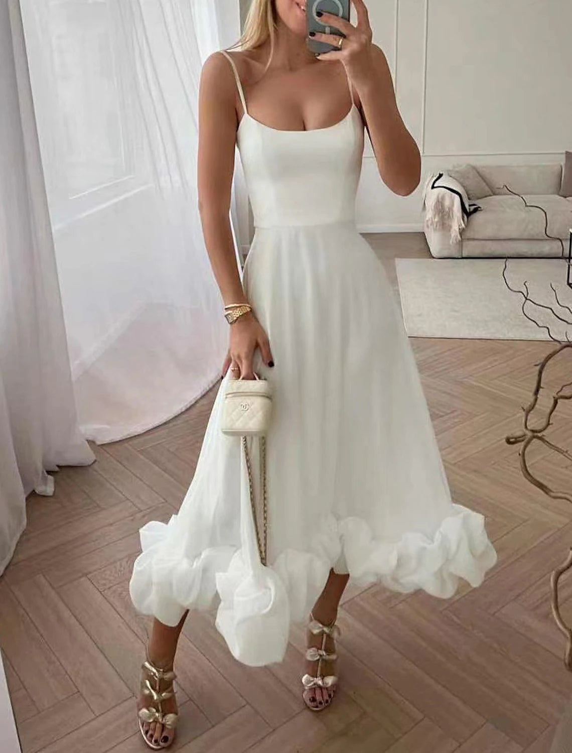 A-Line Party Dresses Tiered Plisse Dress Homecoming Summer Tea Length Sleeveless Spaghetti Strap Polyester with Fringe