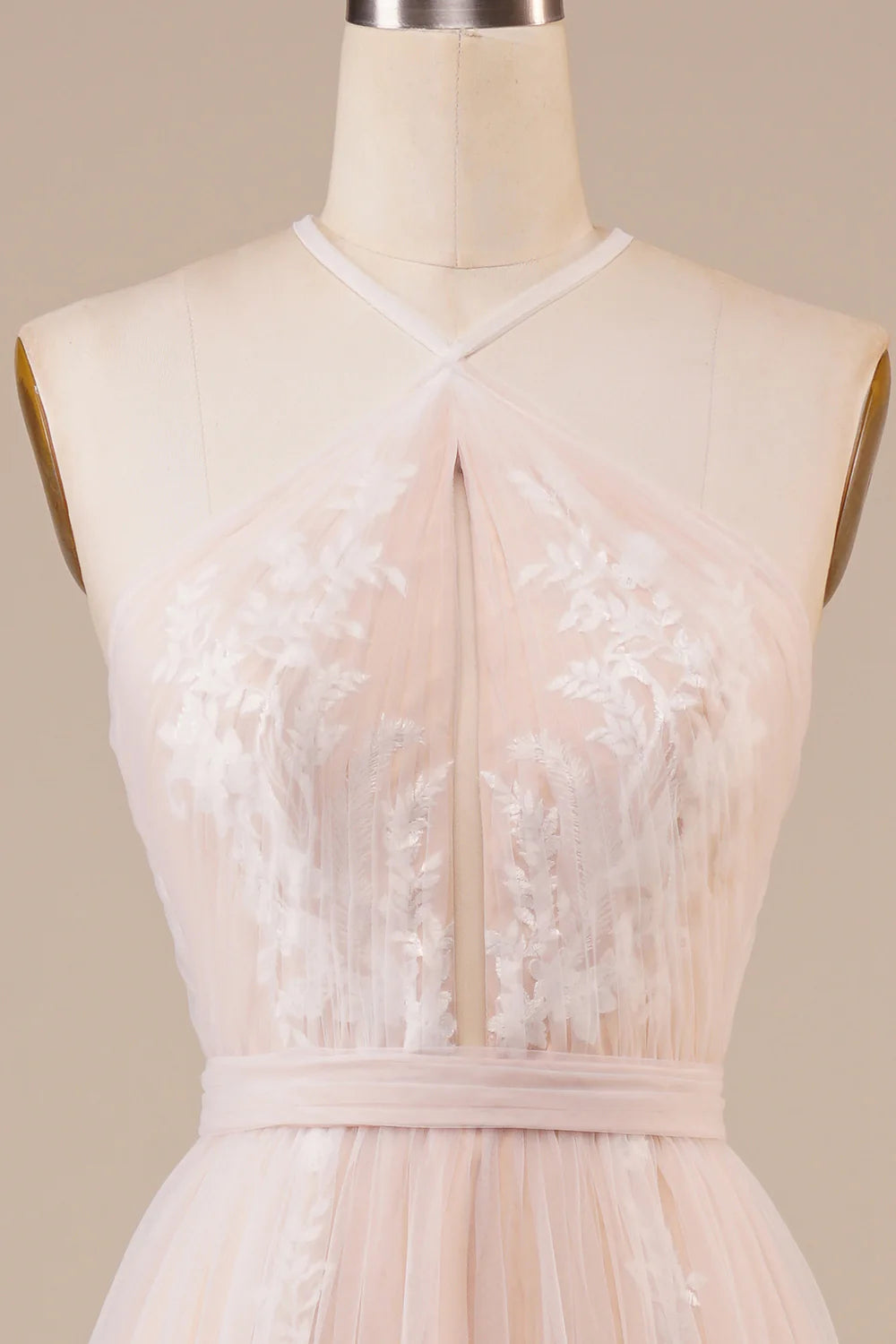 DingJiDress Tulle Halter Keyhole Champagne Wedding Dress with Appliques