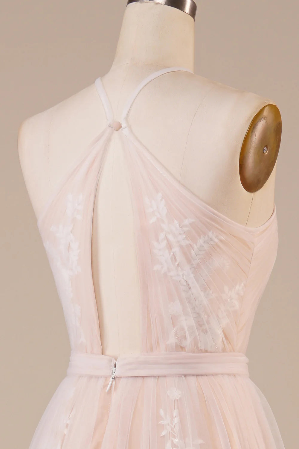 DingJiDress Tulle Halter Keyhole Champagne Wedding Dress with Appliques