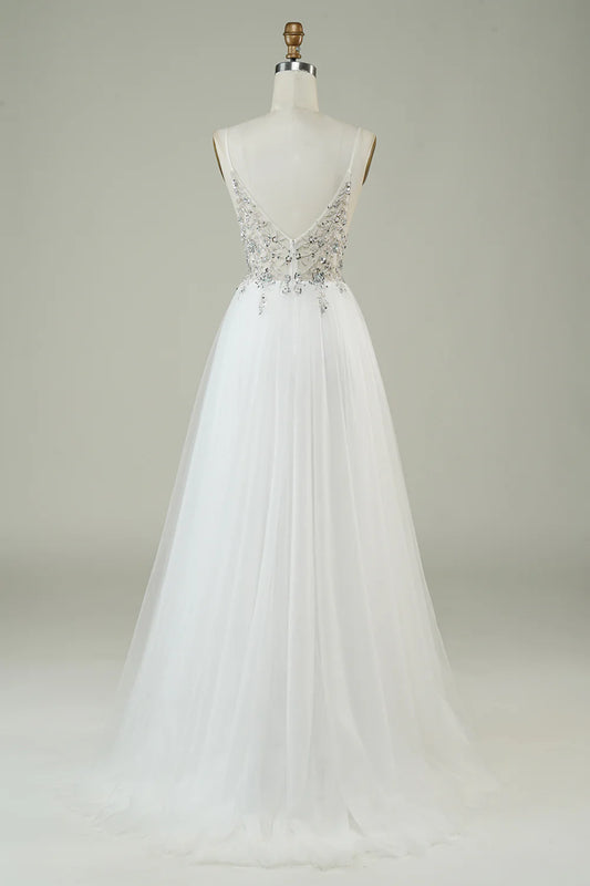 DingJiDress Gorgeous A Line Spaghetti Straps White Tulle Long Wedding Dress with Beading