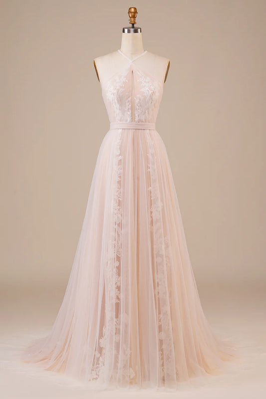 DingJiDress Tulle Halter Keyhole Champagne Wedding Dress with Appliques