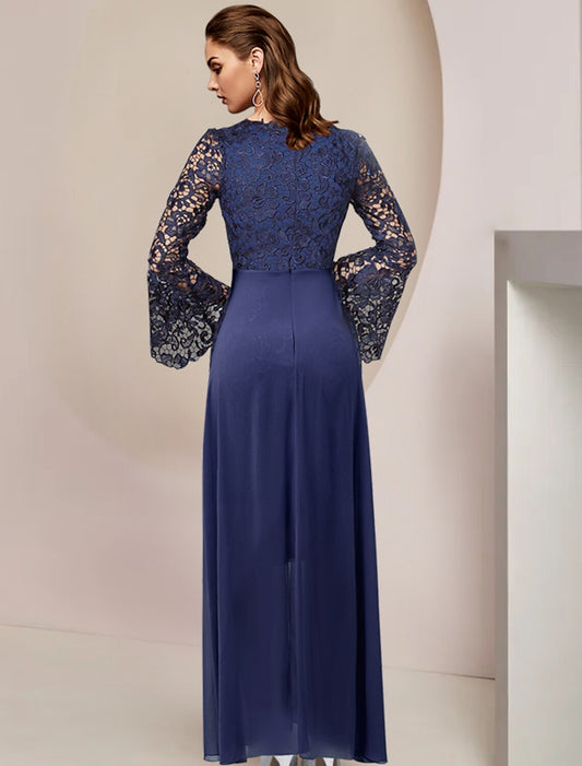Two Piece Mother of the Bride Dress Formal Wedding Guest Elegant V Neck Knee Length Chiffon Lace Long Sleeve with Applique