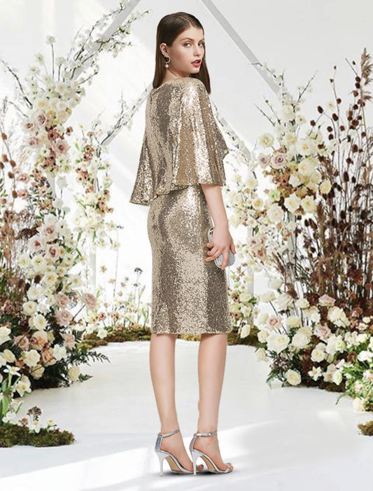 Sheath / Column Cocktail Dresses Glittering Dress Graduation Cocktail Party Knee Length Half Sleeve V Neck Sequined with Sleek