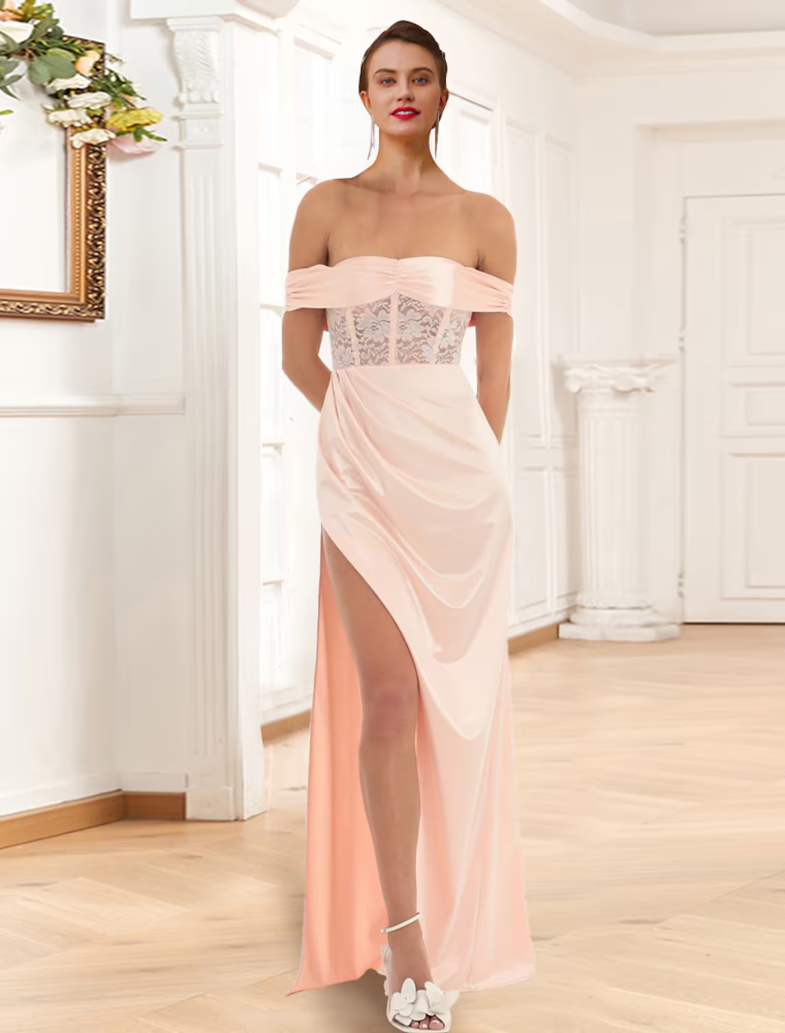 Prom Dresses Corsets Dress Party Wear Floor Length Sleeveless Off Shoulder Lace with Slit Appliques