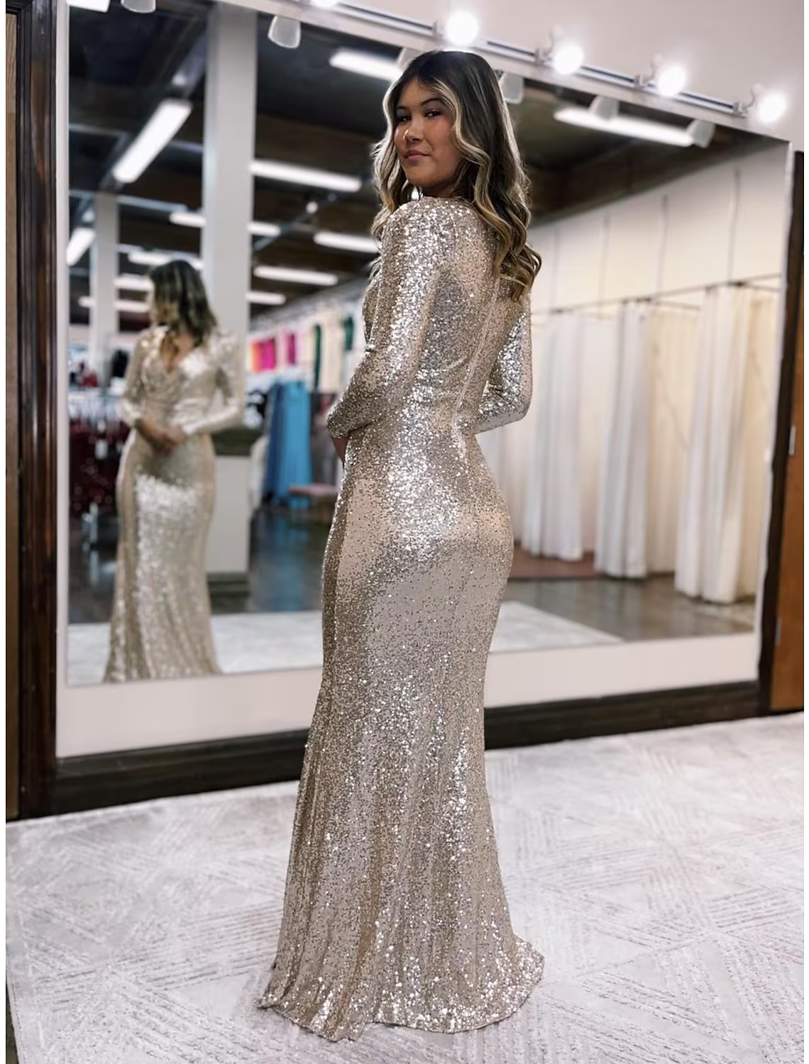 Evening Gown Sexy Dress Formal Floor Length Long Sleeve V Neck Sequined with
