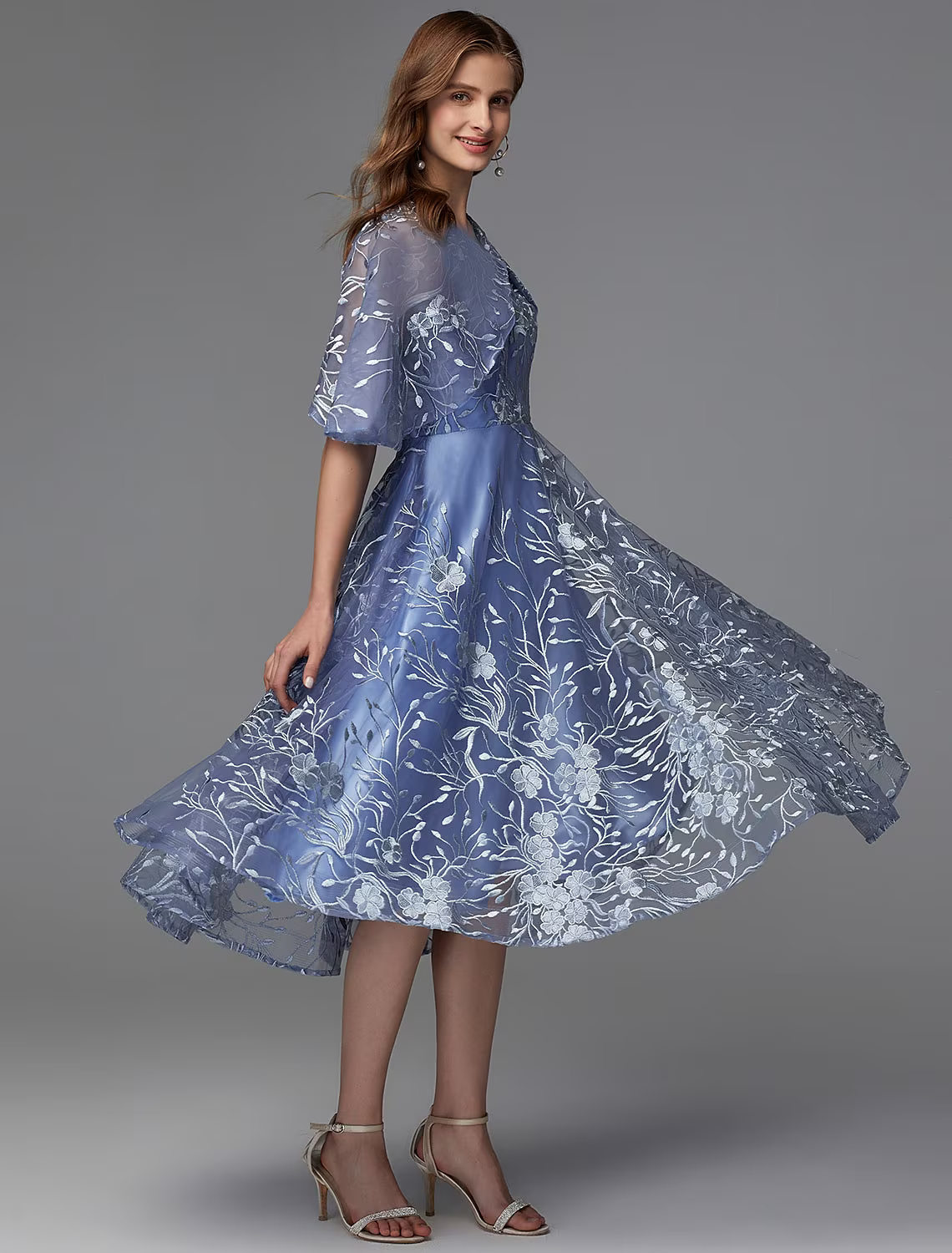 A-Line Floral Dress Wedding Guest Sleeveless V Neck Lace V Back with Pattern Print Appliques