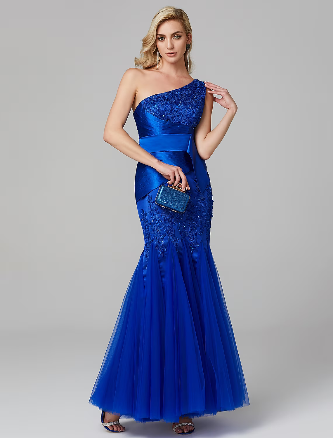 Elegant Dress Holiday Floor Length Sleeveless One Shoulder Lace Over Tulle with