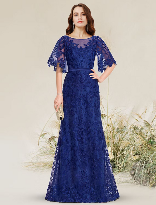A-Line Evening Gown Elegant Dress Engagement Floor Length Short Sleeve Jewel Neck Lace with