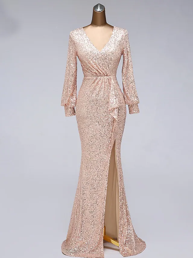 Evening Gown Elegant Dress Wedding Guest Floor Length Long Sleeve V Neck Tulle with Sequin Slit