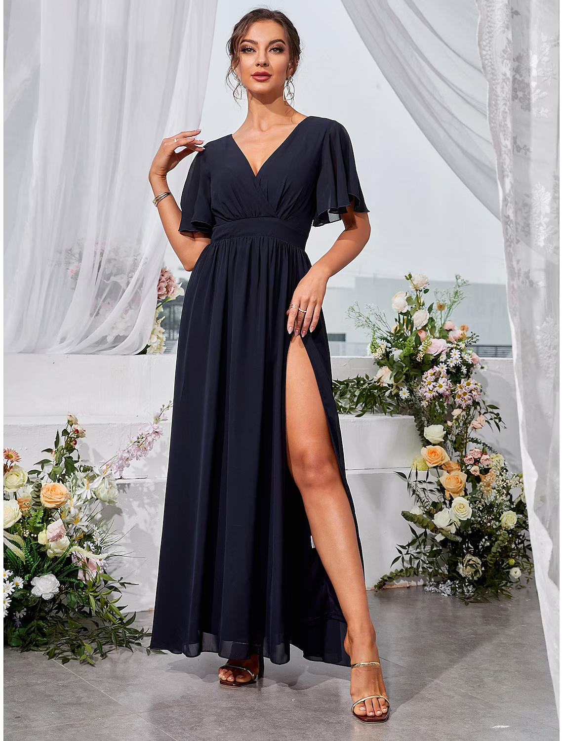 A-Line Wedding Guest Dresses Elegant Dress Holiday Floor Length Short Sleeve V Neck Chiffon Backless with Slit