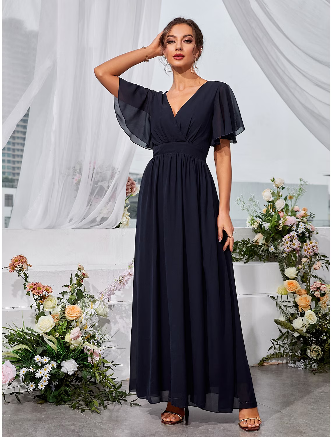A-Line Wedding Guest Dresses Elegant Dress Holiday Floor Length Short Sleeve V Neck Chiffon Backless with Slit