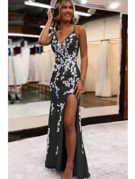 Prom Dresses Sexy Dress Formal Sweep Brush Train Sleeveless V Neck Tulle Backless with Slit Appliques