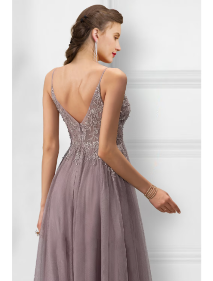 A-Line Prom Dresses Floral Dress Party Wear Floor Length Sleeveless Strap Tulle with Slit