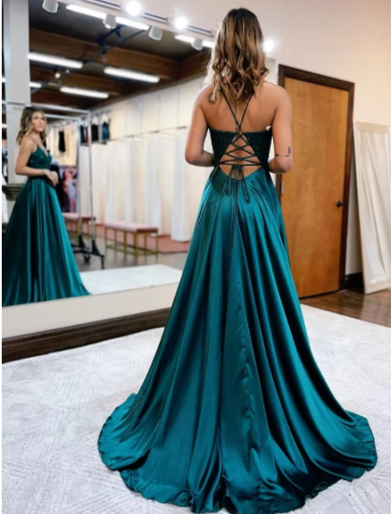 Prom Dresses Formal Sleeveless V Neck Satin Backless