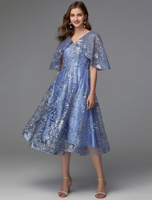A-Line Floral Dress Wedding Guest Sleeveless V Neck Lace V Back with Pattern Print Appliques