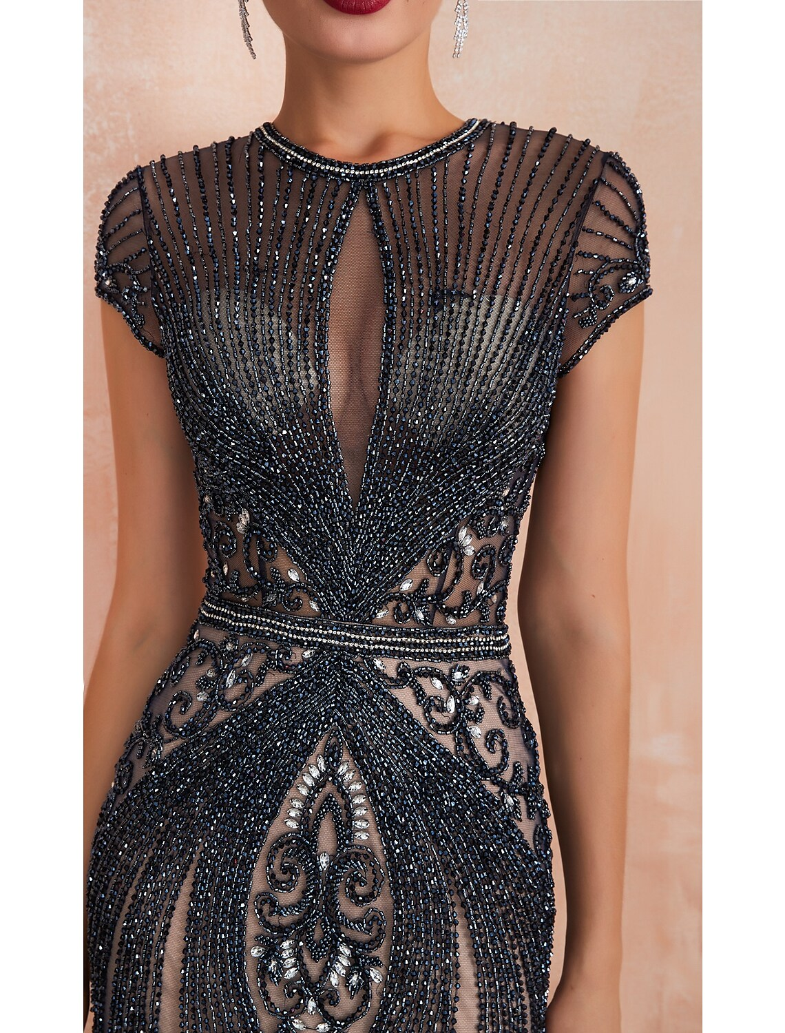 Evening Gown Luxurious Dress Engagement Short Sleeve Jewel Neck Tulle with Beading