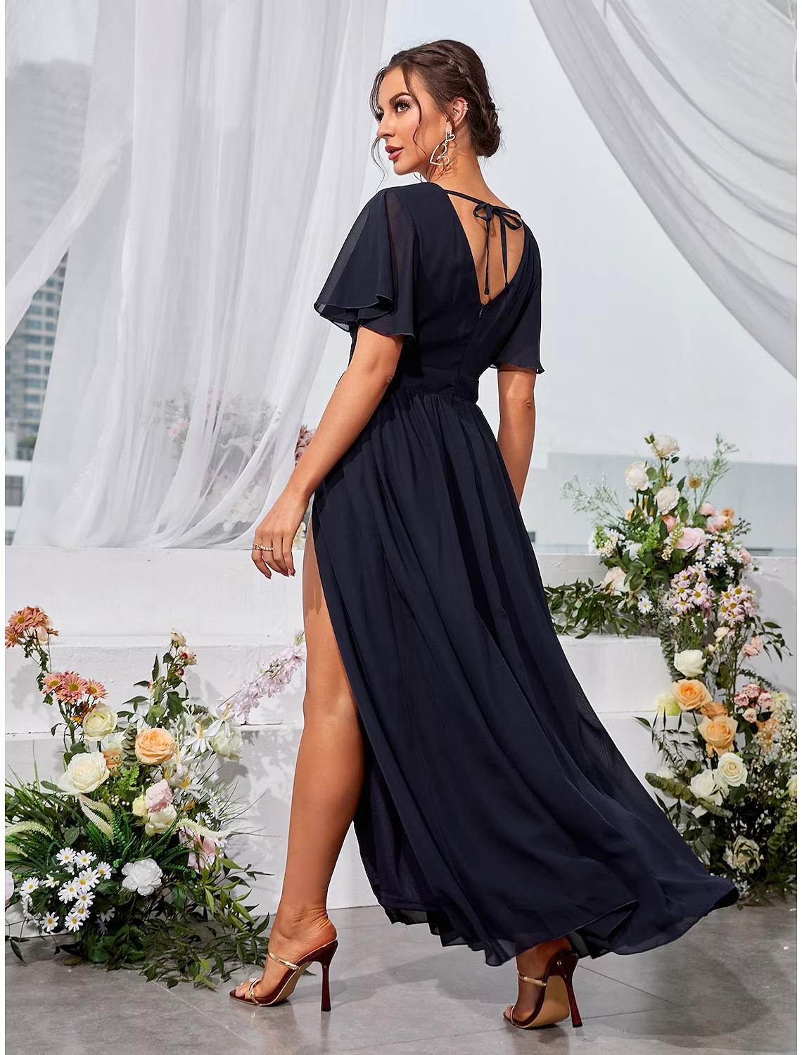 A-Line Wedding Guest Dresses Elegant Dress Holiday Floor Length Short Sleeve V Neck Chiffon Backless with Slit
