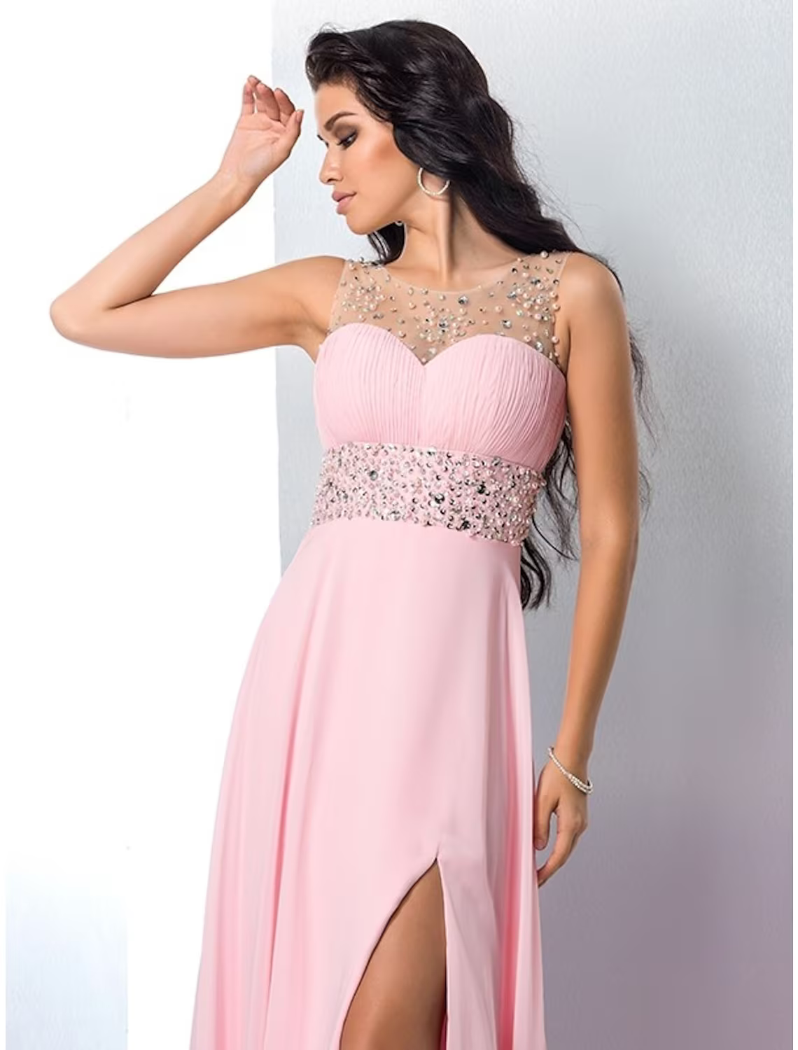 A-Line Prom Dresses Sparkle Shine Dress Party Wear Sleeveless Jewel Neck Chiffon with Rhinestone Slit
