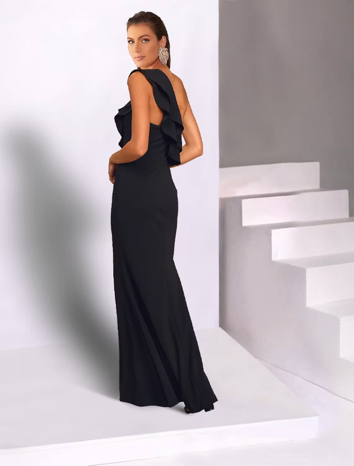 Mermaid / Trumpet Wedding Guest Dresses Black Dress Wedding Party Floor Length Sleeveless One Shoulder Chiffon with Ruffles
