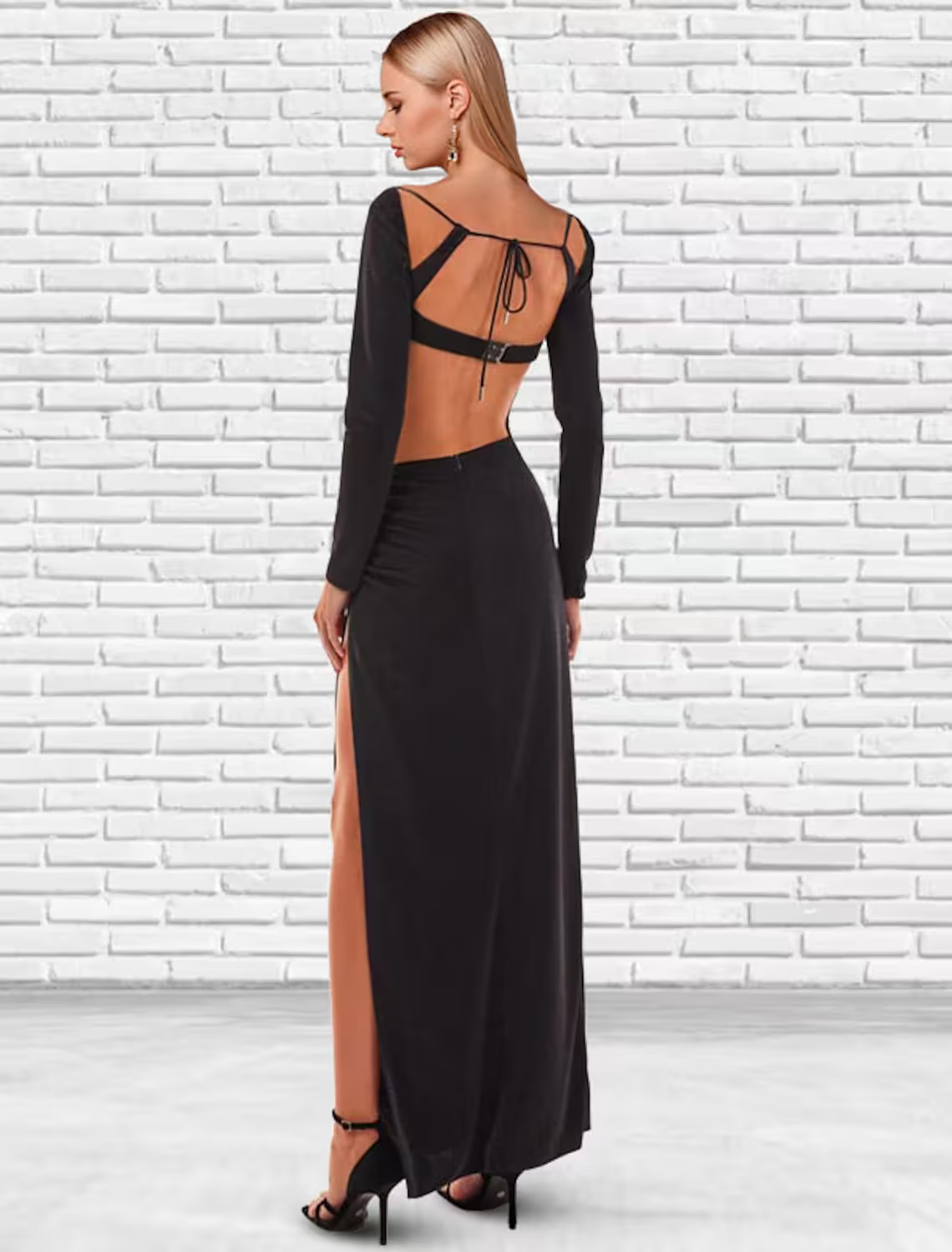 Prom Dresses Vintage Dress Floor Length Long Sleeve Strap Detachable Stretch Fabric Backless with Slit