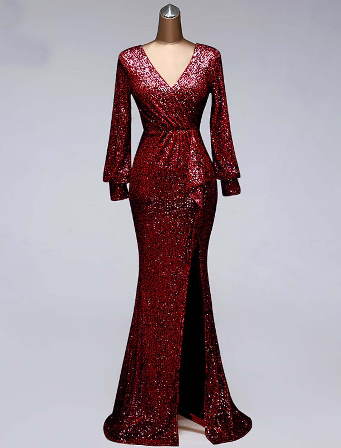 Evening Gown Elegant Dress Wedding Guest Floor Length Long Sleeve V Neck Tulle with Sequin Slit