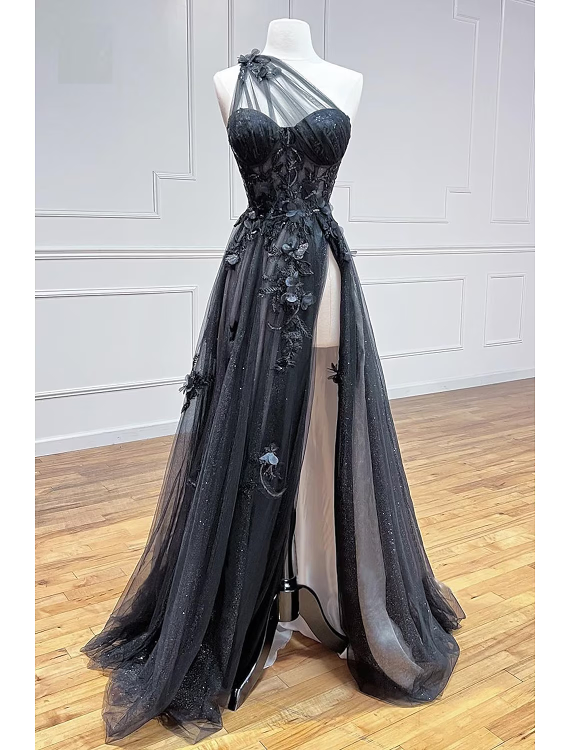 A-Line Prom Dresses Dress Formal Sleeveless One Shoulder Tulle Backless with Pleats Appliques