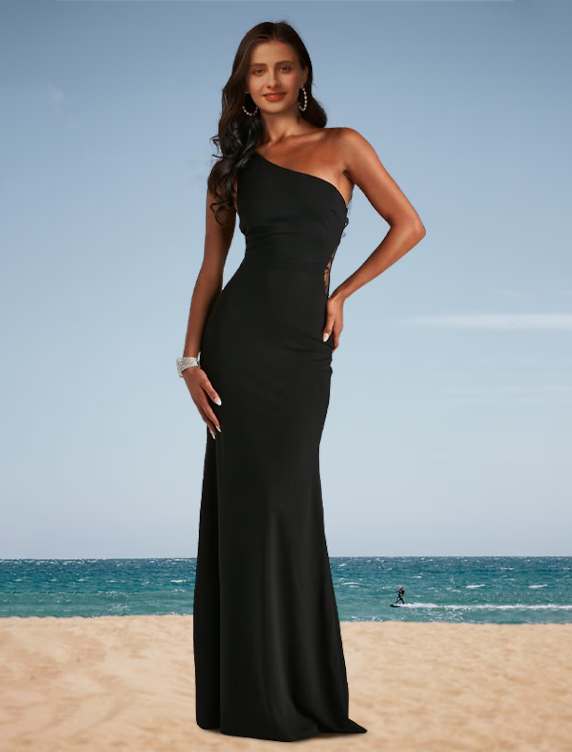 Prom Dresses Floral Dress Wedding Party Floor Length Sleeveless One Shoulder Spandex with Appliques