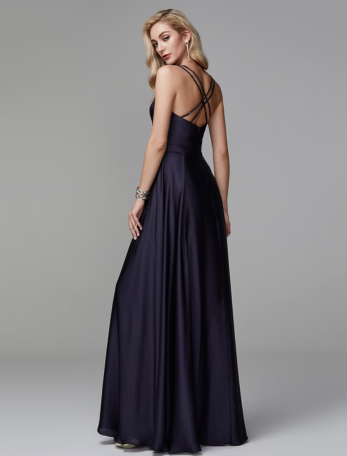 Evening Gown Dress Formal Floor Length Sleeveless V Neck Charmeuse Backless with Pleats Slit