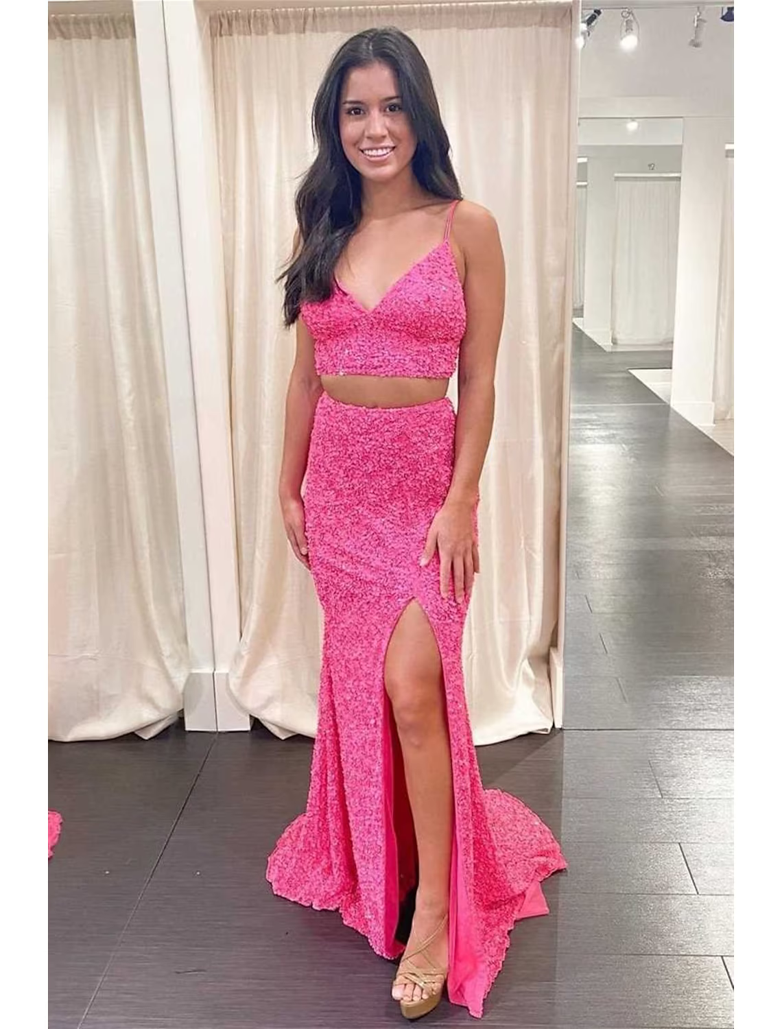 Prom Dresses Sparkle Shine Dress Party Wear Sleeveless  Strap Sequined Backless with Sequin Slit