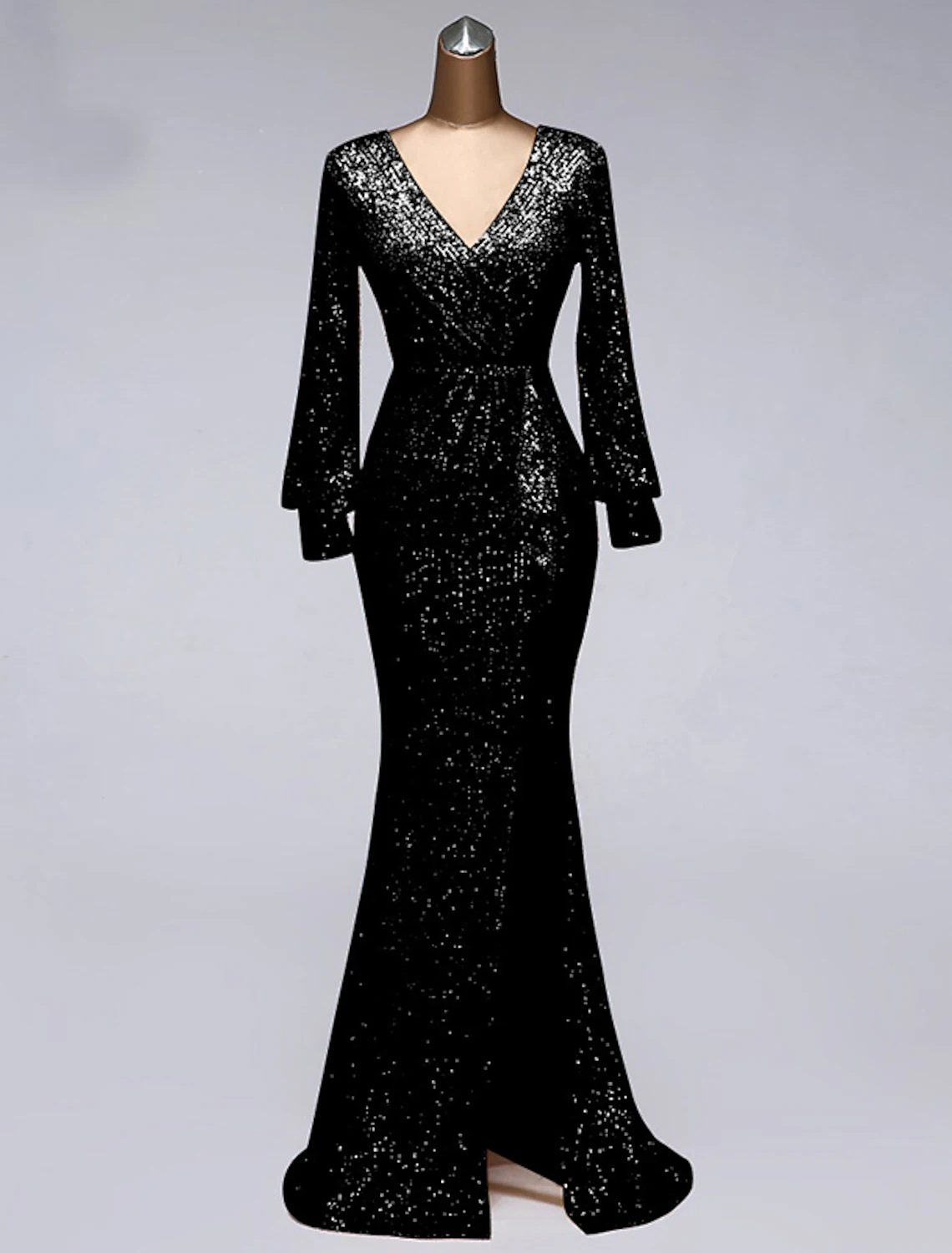 Evening Gown Elegant Dress Wedding Guest Floor Length Long Sleeve V Neck Tulle with Sequin Slit