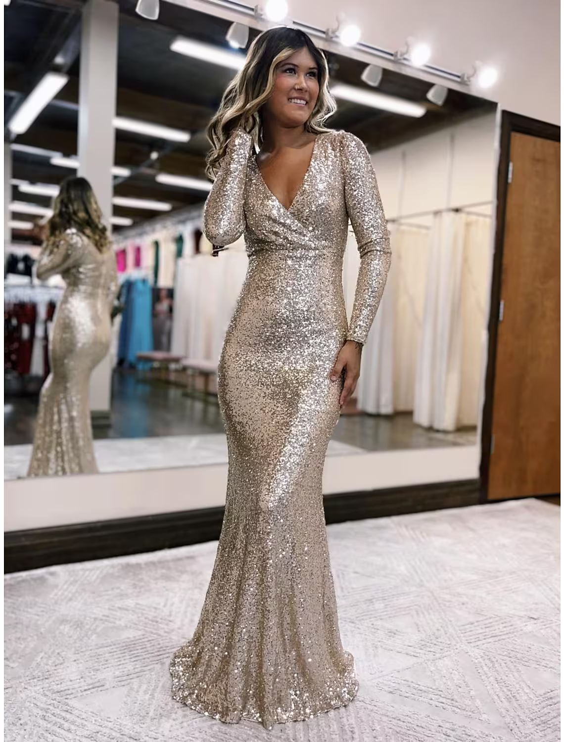 Evening Gown Sexy Dress Formal Floor Length Long Sleeve V Neck Sequined with
