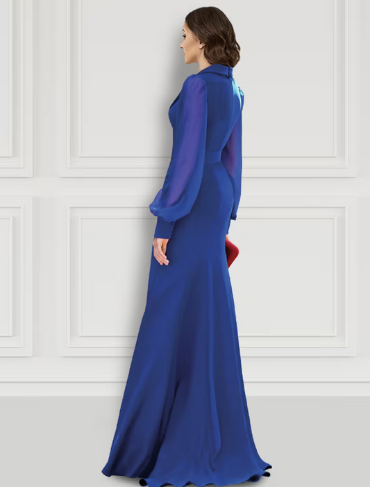 Mermaid / Trumpet Evening Gown Elegant Dress Formal Sweep / Brush Train Long Sleeve V Neck Belt / Sash Stretch Fabric with Buttons Slit