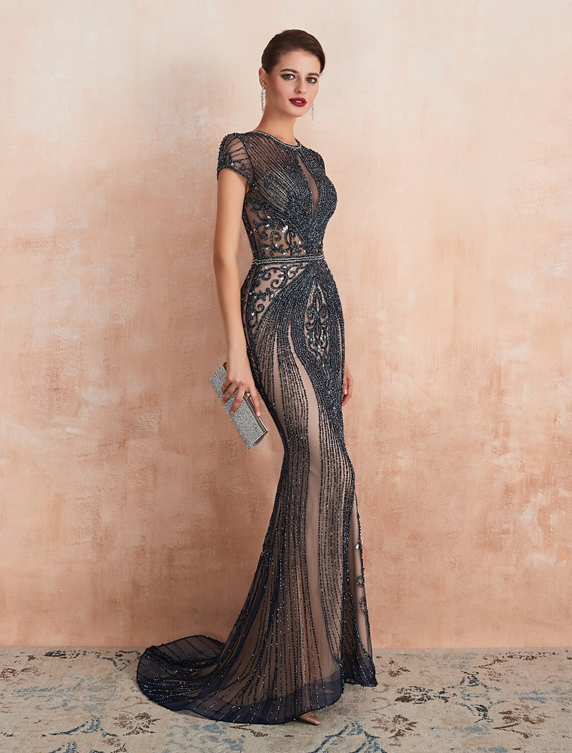 Evening Gown Luxurious Dress Engagement Short Sleeve Jewel Neck Tulle with Beading