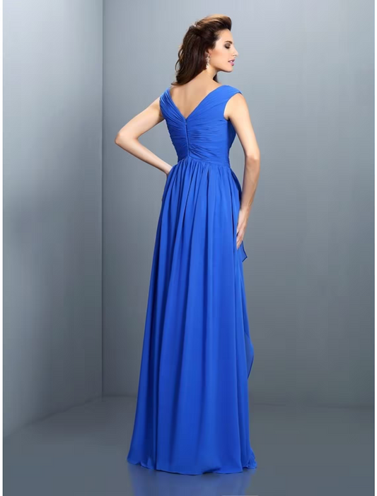A-Line Evening Gown Sparkle & Shine Dress Wedding Guest Floor Length Sleeveless V Neck Chiffon with Rhinestone Ruched Sequin