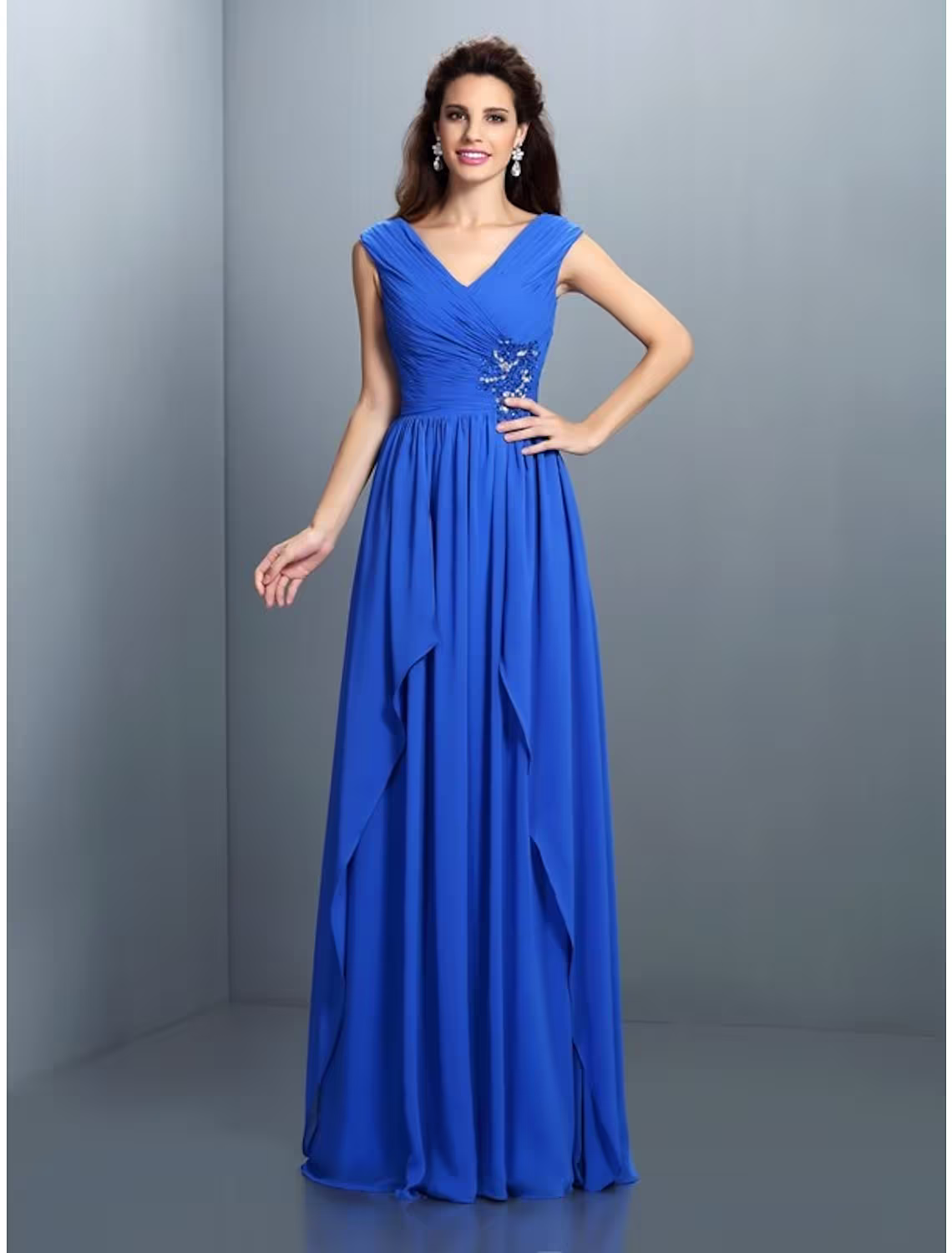 A-Line Evening Gown Sparkle & Shine Dress Wedding Guest Floor Length Sleeveless V Neck Chiffon with Rhinestone Ruched Sequin