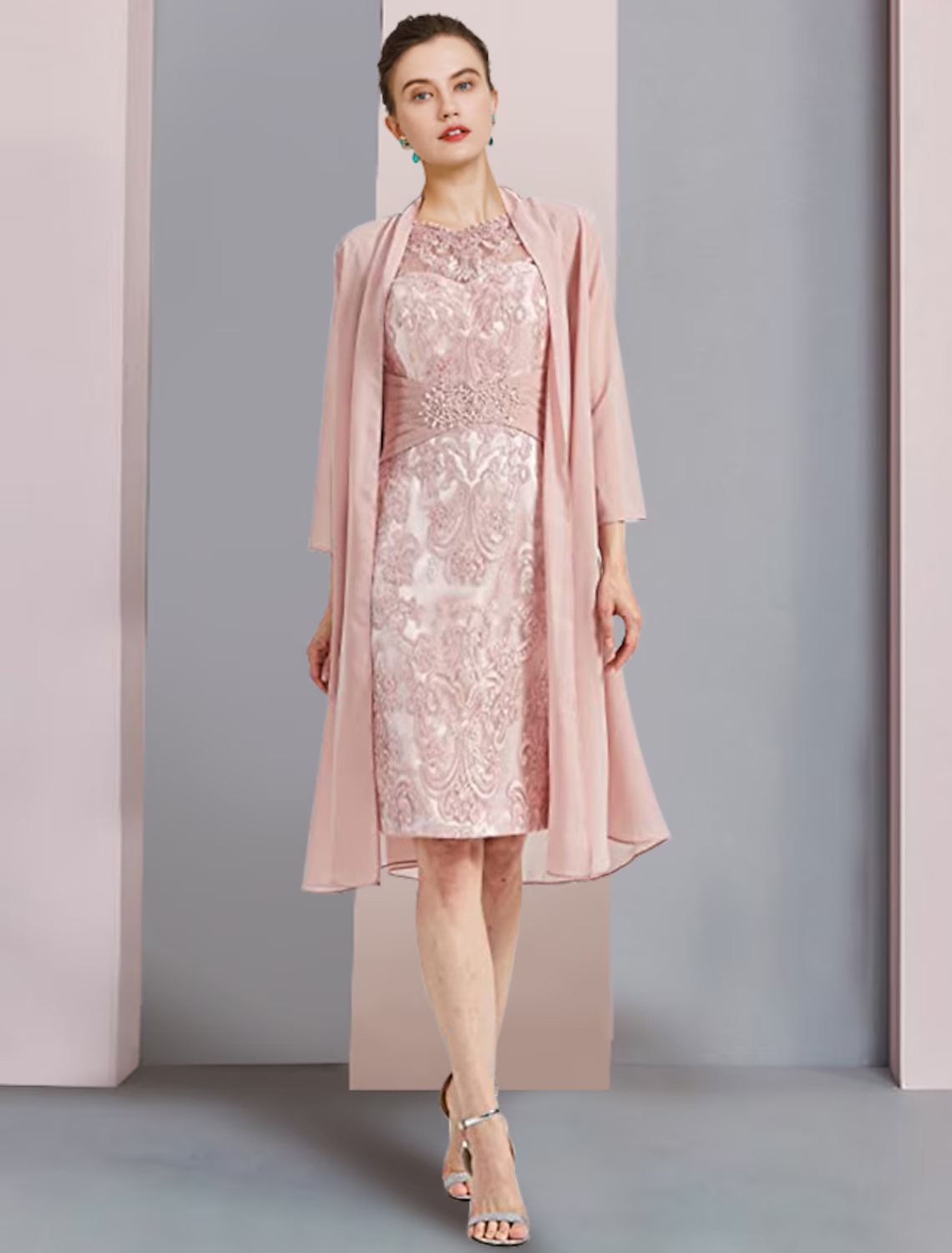 Mother of the Bride Dress Formal Wedding Guest Elegant Scoop Neck Knee Length Chiffon Lace Sleeveless Dresses with Beading Appliques