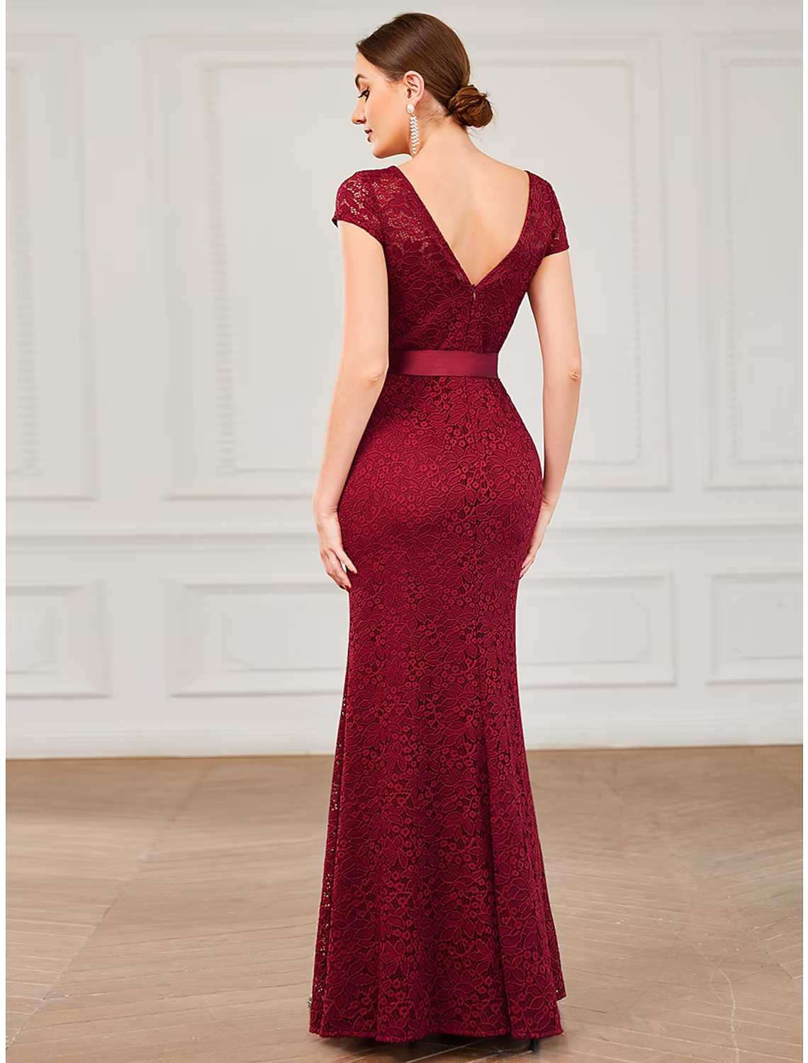 Evening Gown Vintage Dress Formal Floor Length Short Sleeve Jewel Neck Lace V Back with Strappy