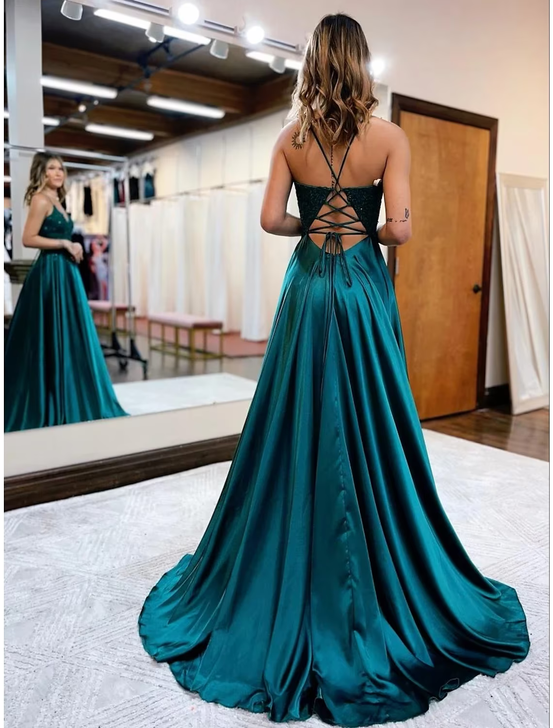 A-Line Prom Dresses Dress Formal Sleeveless V Neck Satin Backless with Beading Appliques