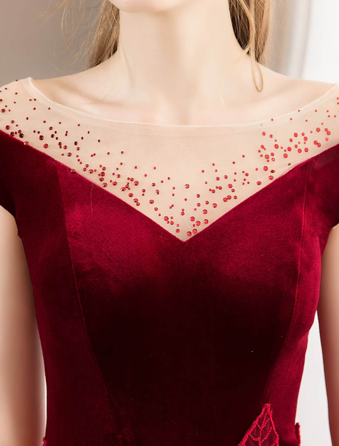 A-Line Prom Dresses Glittering Dress Engagement Floor Length Short Sleeve Jewel Neck Tulle with Pleats Crystals Pattern Print